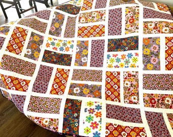 Handmade 70s Retro Patchwork Quilt: Colorful Boho Throw