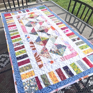 Handmade Pastel Table Quilt: Reversible Spring Table Runner, Farmhouse Decor (48x26