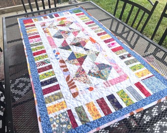 Handmade Pastel Table Quilt: Reversible Spring Table Runner, Farmhouse Decor (48x26
