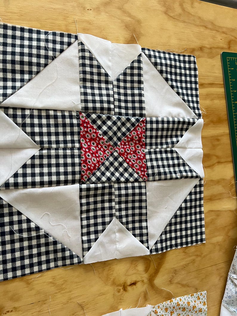 May include: A quilt block with a black and white gingham pattern and a red and white floral center. The block is made up of nine squares, with the center square being the floral pattern and the surrounding squares being the gingham pattern.