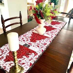 May include: A red and white Christmas table runner with a quilted design featuring Christmas trees and other holiday motifs. The runner is on a dark wood table with a white candle and a vase of red berries.