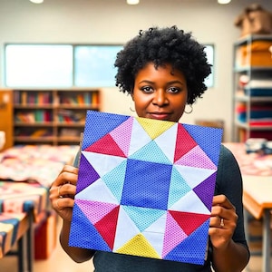 May include: A person holds a colorful patchwork quilt block with a star design in the center. The quilt block is made of various fabrics in shades of pink, red, blue, yellow, and white.