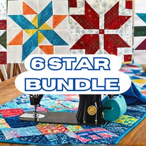 May include: Six colorful quilt blocks with a star design, arranged in a row. The blocks are made of various fabrics with red, green, blue, orange, and white colors. The text "6 STAR BUNDLE" is displayed in blue letters on a white background. A sewing machine is visible in the foreground, along with a table runner made of colorful fabric.