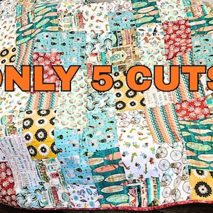 May include: A patchwork quilt with a variety of patterned fabrics in shades of blue, red, yellow, and white. The quilt features images of surfboards, bicycles, and flowers. The text "ONLY 5 CUTS" is displayed in orange letters.