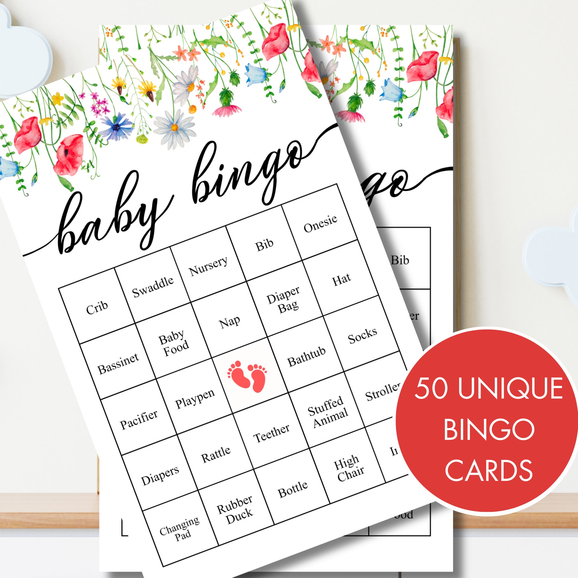 50 Floral Baby Bingo, Baby Shower Game, Floral Printable Bingo Cards ...