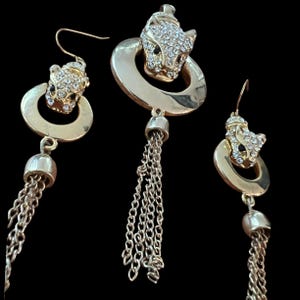 Vintage panther pendant and earrings, 80s designer costume jewellery