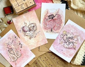 Cosmic Love Themed 4x6 Swiftie Valentine Postcards/Prints with Hand-Stamped Envelopes, Set of 4