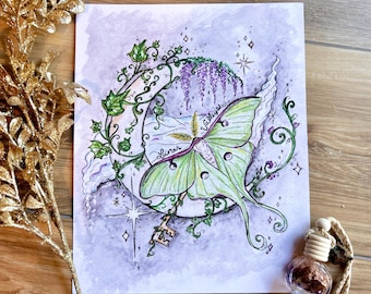 Luna Moth in Lunar Valleys Illustration 8x10 Print