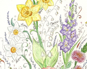 8x10 Custom Handmade Birth Flower Watercolor and Ink Illustration