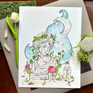 May include: A watercolor painting of a bust of a woman with a crown of leaves, a red apple, and a bottle with a lightning bolt inside. The background is a blue watercolor wash with a crescent moon and stars.