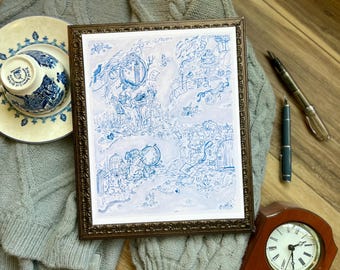 Anthology of Dark Academia/Victorian Poetry French Country Toile in Shades of Blue8x10 Print