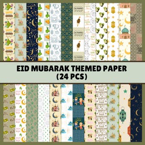 May include: A collection of 24 sheets of Eid Mubarak themed paper. The designs include illustrations of mosques, crescent moons, lanterns, and text that reads "Eid Mubarak", "Happy Ramadan", and "Hari Raya". The paper has a variety of colors and patterns.