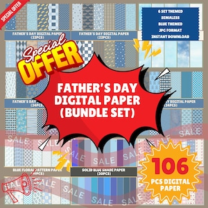 Op de afbeelding: Een digitale papierbundel met 106 blauwe patronen in JPG-formaat. De collectie bevat diverse ontwerpen zoals strepen, stippen en geometrische vormen, gepresenteerd als een pakket met een Vaderdagthema en diverse promotionele teksten.