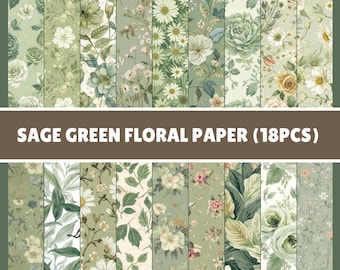 Salbeigrün Florale Digitale Papiere | Nahtlose Cottagecore Muster | 18 Blatt | Kommerzielle Nutzung