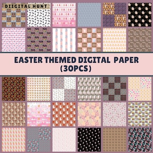 Puede incluir: Una colección de 30 papeles digitales con temática de Pascua con varios patrones. Los diseños incluyen conejitos, huevos, flores y formas geométricas en colores pastel. Se muestra el texto "EASTER THEMED DIGITAL PAPER (30PCS)".