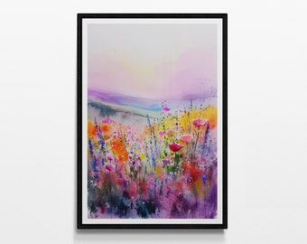 Wildflower Meadow Art | Watercolor Landscape Painting| Flower Bouquet | Gift for New Home | Modern Wall Art | Modern Home Decor | Canvas