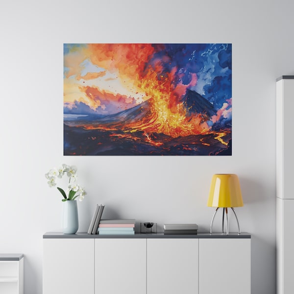 Majestic Volcano Eruption - Dynamic Watercolor Art, Vivid Lava Flow Painting - Print on Canvas Wall Art Available