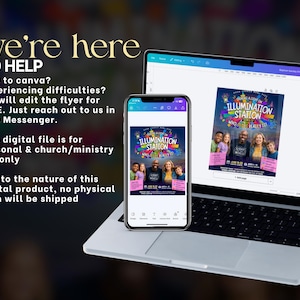 May include: A laptop and smartphone display a digital flyer with the text "ILLUMINATION STATION". The flyer features a colorful design with images of people. The text "we're here TO HELP" is at the top, with additional text below.
