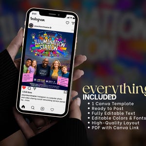 May include: A smartphone displays an Instagram post promoting "Illumination Station." The post features a colorful design with the text "Who Jesus Really Is" and includes photos of people. The image also highlights "everything included" with a Canva template and editable features.