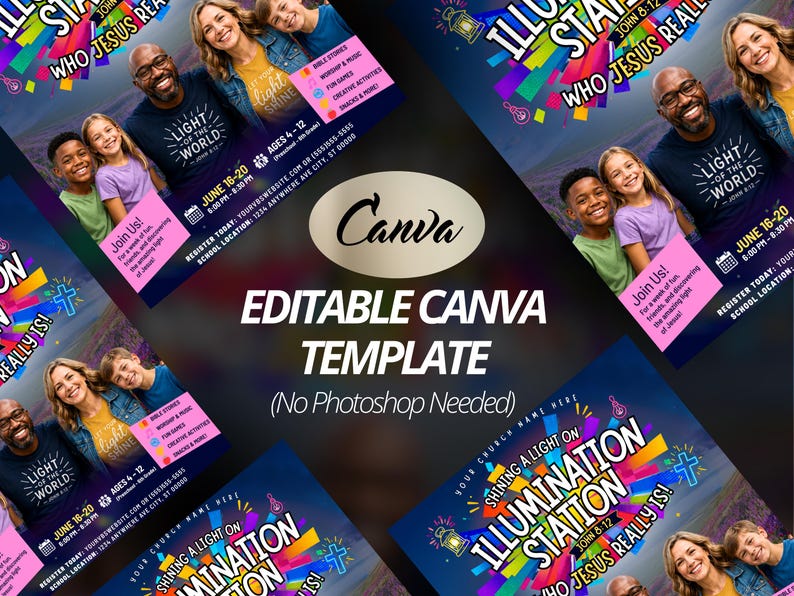 May include: A promotional flyer for "Illumination Station" with the text "Who Jesus Really Is!" and "Shining a Light On." The flyer features a family, colorful graphics, and the Canva logo. It includes event details for ages 4-12.
