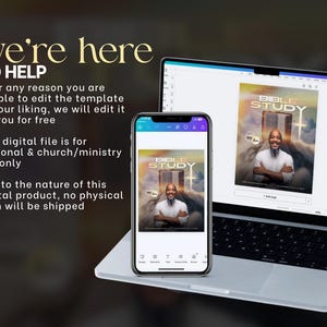 Może przedstawiać: Laptop i smartfon wyświetlające grafikę "Bible Study". Ekran laptopa pokazuje ten sam obraz co telefon. Tekst na obrazie brzmi "We're here to help" i zawiera szczeg&oacute;ły dotyczące pliku cyfrowego.