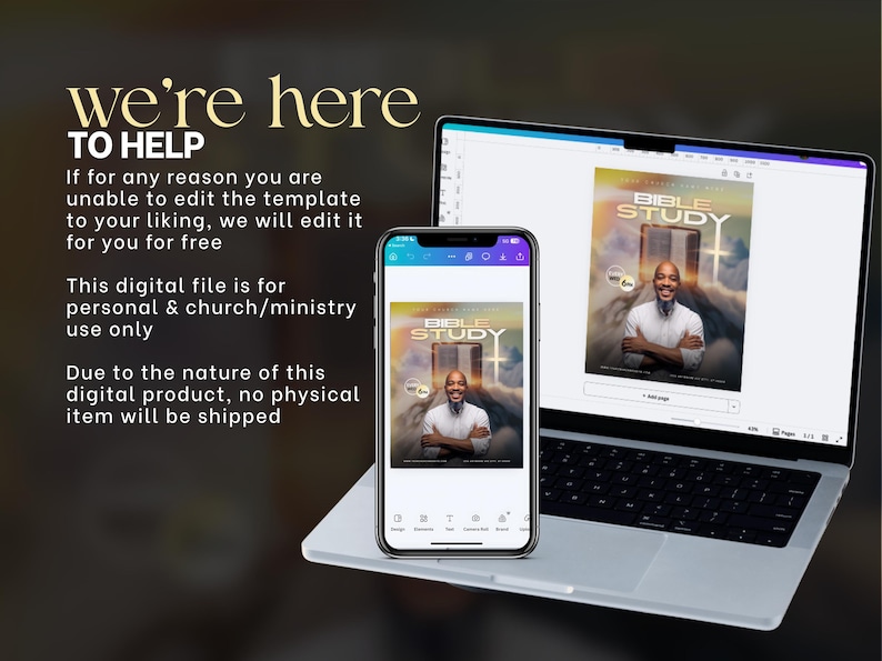 Może przedstawiać: Laptop i smartfon wyświetlające grafikę "Bible Study". Ekran laptopa pokazuje ten sam obraz co telefon. Tekst na obrazie brzmi "We're here to help" i zawiera szczeg&oacute;ły dotyczące pliku cyfrowego.