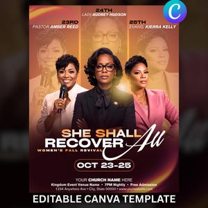 May include: A digital flyer template for a church event titled She Shall Recover All, Women's Fall Revival, Oct 23-25. It features three individuals in professional attire, with text indicating Pastor Amber Reed, Lady Audrey Hudson, and Evang. Kierra Kelly.