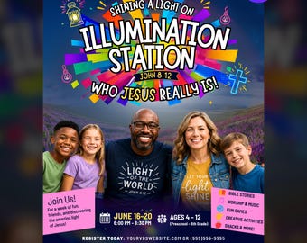 Beleuchtungsstation | VBS Flyer | Bearbeitbare Canva Vorlage | VBS 2026 |  Beleuchtung VBS | Urlaub Bibelschule Flyer | Kirchenflieger