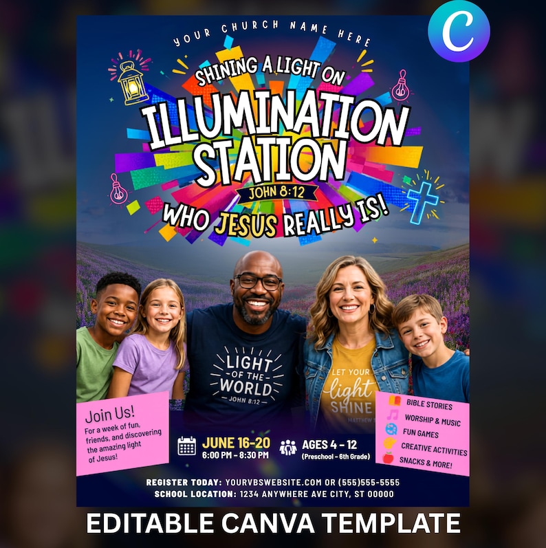May include: A colorful flyer with the text "Illumination Station" and "Who Jesus Really Is!" features a family and children. The flyer promotes a week of fun with Bible stories, worship, music, fun games, and creative activities.