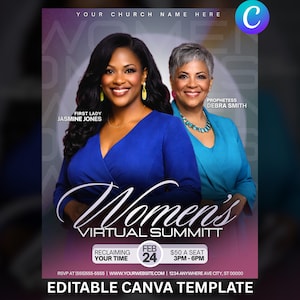 Volante de la Iglesia de Retiro de la Cumbre de Mujeres / Diseño de evento virtual o presencial / Plantilla editable de Canva / Anuncio del Ministerio de Mujeres