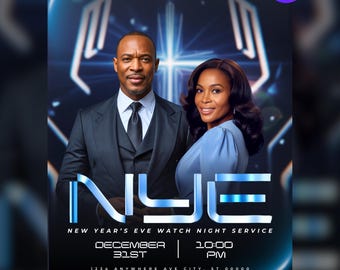 Plantilla de volante para iglesia de Nochevieja / Diseño editable en Canva / Servicio de Noche de Vela