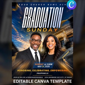 Puede incluir: Un cartel promocional para el Domingo de Graduación, con un hombre y una mujer sonriendo. El cartel tiene un fondo degradado azul y dorado con las palabras "GRADUATION SUNDAY" en letras blancas grandes. La fecha es el 24 de mayo de 2026.