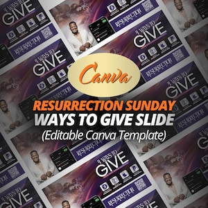 May include: A Canva template design with a purple and white background. The text reads "Resurrection Sunday Ways to Give Slide (Editable Canva Template)". The design includes icons and a photo of a man.