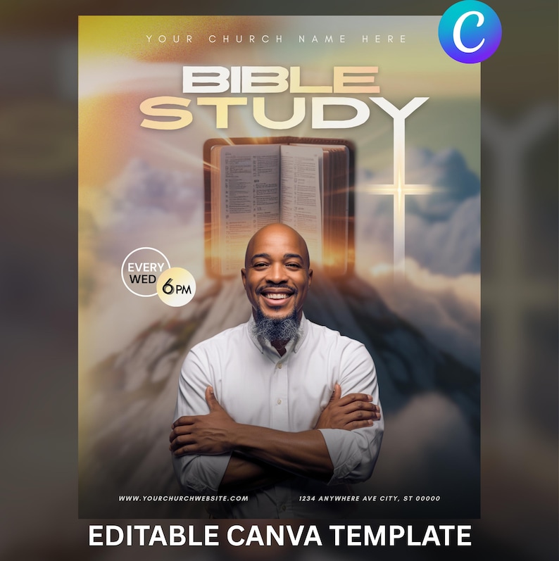Może przedstawiać: Grafika promocyjna dla studium biblijnego, z napisem "BIBLE STUDY". Przedstawia uśmiechniętego mężczyznę z informacjami o godzinie i dniu studium. Tło zawiera krzyż i otwartą książkę.