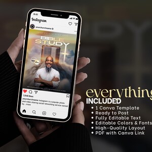 Może przedstawiać: Smartfon wyświetla post na Instagramie promujący studium biblijne. Post zawiera uśmiechniętego mężczyznę, słowa "BIBLE STUDY" i krzyż. Obraz zawiera tekst "everything INCLUDED" i listę funkcji.