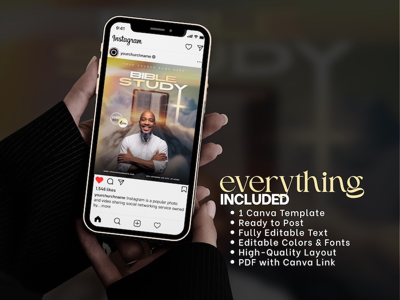 Może przedstawiać: Smartfon wyświetla post na Instagramie promujący studium biblijne. Post zawiera uśmiechniętego mężczyznę, słowa "BIBLE STUDY" i krzyż. Obraz zawiera tekst "everything INCLUDED" i listę funkcji.