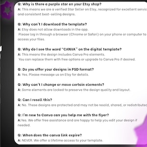 May include: A digital FAQ sheet with a purple star graphic and the word "FAQ" in white. The sheet answers questions about Etsy shop verification, template downloads, Canva elements, PSD format, design editing, and template access.