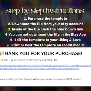 May include: A graphic with instructions for a template purchase. The text reads "step by step instructions" and includes numbered steps for downloading and editing the template. It also says "THANK YOU FOR YOUR PURCHASE!"