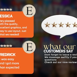 May include: A graphic with customer testimonials. Two orange rectangles with text and star ratings are on the left. A white speech bubble with five gold stars and the text "what our customers say" is on the right.