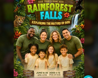 Rainforest Falls | VBS flyer | Editable Canva Template | Vacation Bible School | Kids Ministry | Church Flyer