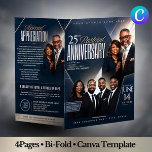 Pastoral Anniversary Program | Editable Canva Template | Bi-fold Church Bulletin (Digital Download)