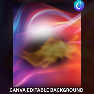 Puede incluir: Fondo de arte digital abstracto con una mezcla de colores vibrantes. El diseño presenta líneas fluidas de color azul, morado, rojo y naranja, con un centro blanco brillante. El texto "CANVA EDITABLE BACKGROUND" está en la parte inferior.