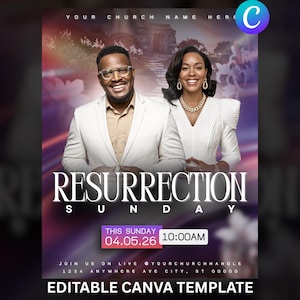 May include: A promotional flyer for Resurrection Sunday features two smiling people in formal attire. The text "RESURRECTION SUNDAY" is prominently displayed, along with the date and time. The flyer is an editable Canva template.