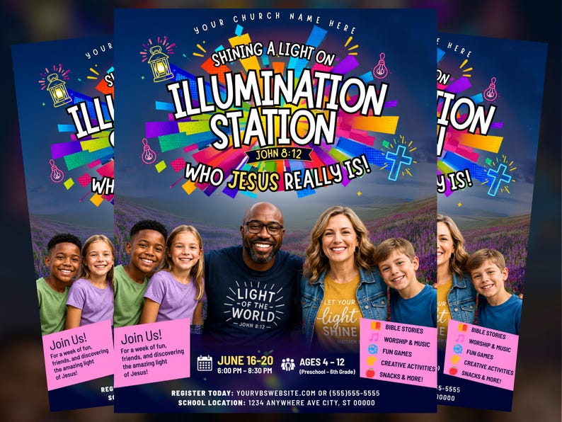 May include: A promotional flyer for a church event, featuring the text "Illumination Station" and "Who Jesus Really Is!" with a diverse group of people. The flyer includes event details, a cross, and a colorful design.