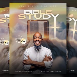 Może przedstawiać: Ulotka reklamowa na studium biblijne, z uśmiechniętym mężczyzną w centrum. Słowa "BIBLE STUDY" są wyraźnie widoczne. Ulotka zawiera tekst "EVERY WED 6PM" i krzyż.