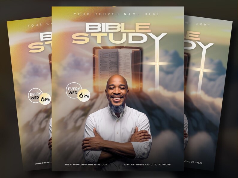 Może przedstawiać: Ulotka reklamowa na studium biblijne, z uśmiechniętym mężczyzną w centrum. Słowa "BIBLE STUDY" są wyraźnie widoczne. Ulotka zawiera tekst "EVERY WED 6PM" i krzyż.