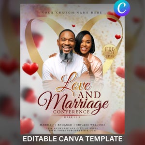 Puede incluir: Folleto promocional para una Conferencia sobre el Amor y el Matrimonio. El diseño presenta una pareja, formas de corazón doradas y corazones rojos. El texto incluye "Love and Marriage Conference" y detalles del evento. Plantilla Canva editable.