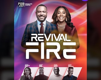 May include: A promotional poster with the text "REVIVAL FIRE" in large white letters. The poster features images of people and the text "YOUR CHURCH NAME HERE". Additional text includes "FEB 21ST 3:00PM" and "EDITABLE CANVA TEMPLATE". The background has a gradient of red, orange, and purple.