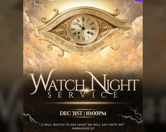 Plantilla de volante para la Noche de Vigilia / Servicio de Nochevieja / Editable en Canva
