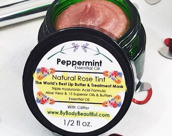 Rose Tinted Lip Balm-Hyaluronic Acid Lip Mask Dry Cracked Lips Moisturizing Lip Care Gift Natural Glitter Non-Sticky Aloe Vera Essential Oil